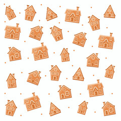 Cute gingerbread house seamless pattern, on white background.
