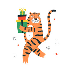 Cute Hand drawing tiger with Christmas gifts. Year of the Tiger. Chinese zodiac. Perfect for t-shirt, apparel, cards, poster. Isolated on white background vector illustration