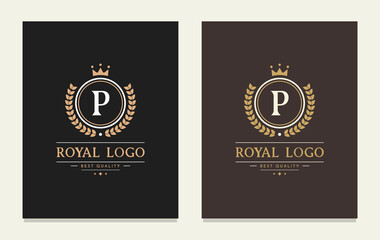 Graceful letter P luxury royal style crown logo. Elegant emblem and round shape. The vintage symbol for book design, brand name, business card, restaurant, boutique, hotel, cafe, identity, badge