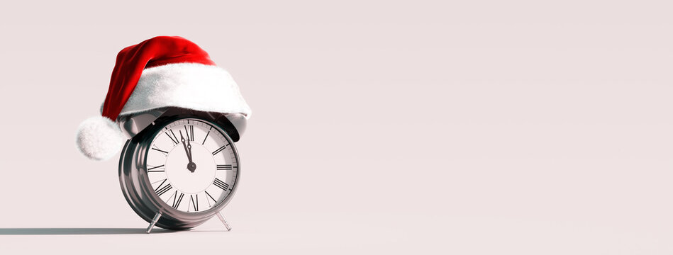 Retro alarm clock with Santa hat showing nearly twelve o'clock. Christmas is coming concept background. 3D Rendering, 3D Illustration
