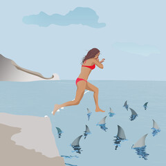 Ilustracja młoda dziewczyna w stroju kąpielowym skacze do wody pełnej rekinów - obrazy, fototapety, plakaty