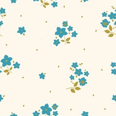 Fototapeta na wymiar Seamless floral pattern. Fashionable background of wonderful blue flowers and mustard leaves. flowers scattered on a light background. Stock vector for printing on surfaces and web design.