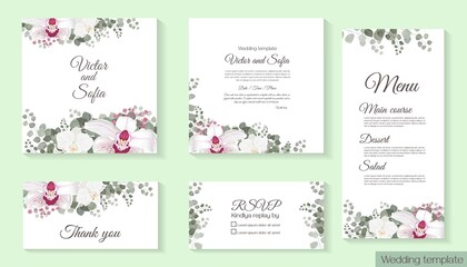 Vector floral template for wedding invitations. Pink roses, white orchids, berries, gypsophila, eucalyptus, green plants and flowers. Postcard for your text. Invitation card, rsvp, thank you, menu.