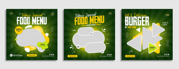Fast food restaurant business marketing social media post or web banner template design with abstract background, logo and icon. Healthy burger & pizza online sale promotion flyer or poster.         