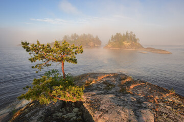 Islands on the lake on a sunny and foggy morning