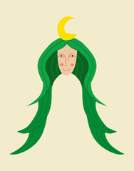 An art deco girl with green hair and a moon on her hair. The girl is an Allegory of a Christmas tree. Christmas design with a place for text for greeting cards and greetings.