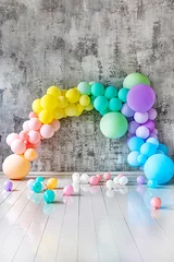 Fotobehang Arch of colored balloons on a holiday. Copy space for text. Vertical photo © Татьяна Михайлина