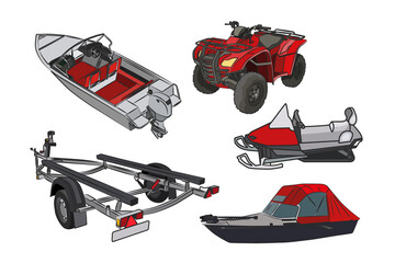 Transport for outdoor activities. Boat, snowmobile, trailer, awning, ATV. Vector set.