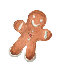 Watercolor ginger man. Christmas gingerbread on a white background for design compositions on the theme of New Year's holidays