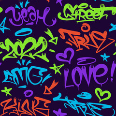 multicolored graffiti background with spray letters, bright colored lettering tags in the style of graffiti street art. Vector illustration seamless pattern