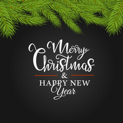 Christmas vector banner with a strip of fir branches and an inscription in the middle isolated on a black background