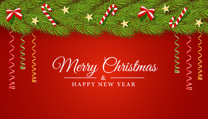 Christmas vector card with a strip of fir branches decorated with stars, serpentine, bow and candys on a red background