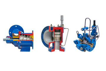 longitudinal sections of modern small-sized gas equipment on a white background