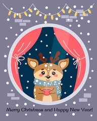 A cute deer drinks a hot drink and looks out the window at the falling snow. Vector winter illustration for posters, postcards, prints, web design