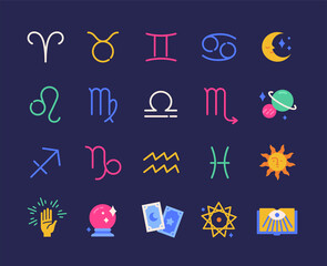 Colorful collection of astrological icons. Modern stickers with crystal sphere, tarot cards, zodiac signs, sun and magical attributes. Cartoon line art flat vector set isolated on blue background