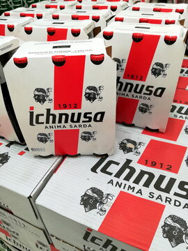 Rome, Italy - July 18, 2019: Pack of 6 ICHNUSA beer packs. famous Sardinian beer, produced in Assemini. It takes its name from the ancient Latin name for Sardinia, Hyknusa
