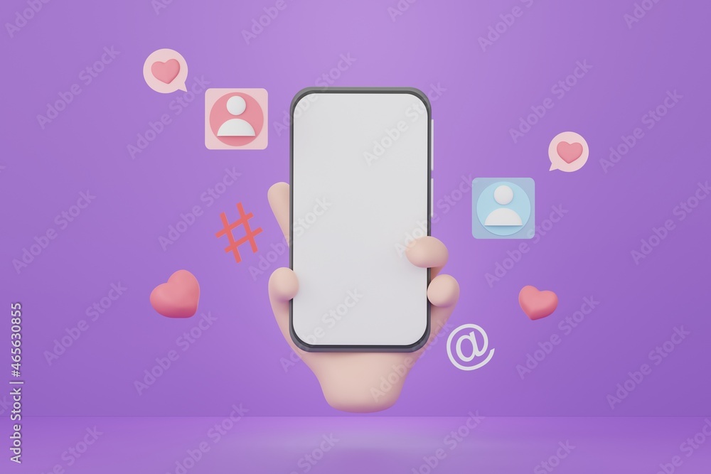 Poster 3d render minimal hand holding mini mobile phone or smartphone for work with white copy space for mo