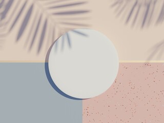 3d render top view of white blank cylinder frame for mock up and display products with shadows of palm leaves, earth tone, and terrazzo wall background. Creative idea concept.