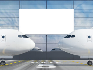 Billboard mock up on airport wall next to airplanes. 3d illustration.