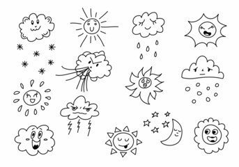 Funny doodle weather set. Isolated icons on white background. Hand drawing clouds, suns with cute face