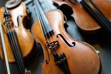 A shallow depth of field shot of a violin or a viola which is a string instrument that is common to...