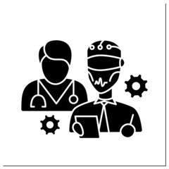 AI in medicine glyph icon. Robot and doctor improve medical sphere. Modern technologies help people. AI diagnostic concept.Filled flat sign. Isolated silhouette vector illustration