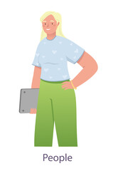 Woman with laptop concept. Female entrepreneur in office clothes or student studying. Young girl holds device in her hands and smiles. Avatar for social networks. Cartoon flat vector illustration