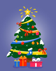 Decorated Christmas tree with gift boxes, star, lights, ornaments balls. Merry Christmas and Happy New Year. Vector flat plane style illustration