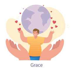 Kindness and love for planet. Man stretches out his hands to Earth and sends hearts. Grace of flora and fauna. Values and principles of humanity. Cartoon flat vector illustration on white background