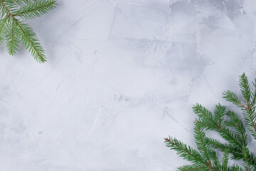 An empty space for text. Christmas background. Spruce branches on a light background.