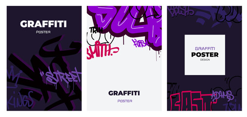Abstract graffiti poster set. Modern art with street inscriptions, line and multicolored elements. Designs for social network and postcard. Cartoon flat vector collection isolated on white background