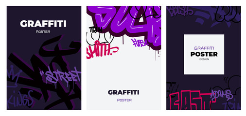 Abstract graffiti poster set. Modern art with street inscriptions, line and multicolored elements. Designs for social network and postcard. Cartoon flat vector collection isolated on white background © Rudzhan