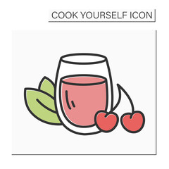 Cherry juice color icon. Glass of fresh berries drink and two sweet cherries. Healthy food. Isolated vector illustration