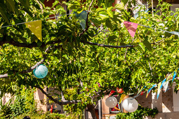 Closeup shot of beautiful paper lanterns hanging on the tree