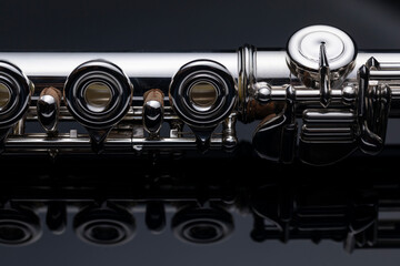 A silver plated flute with keys on a dark reflective surface © Janisphoto