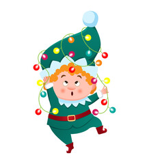A cute elf, gnome, Santa's helper, entangled in a Christmas garland with colorful lights. Vector illustration in cartoon style