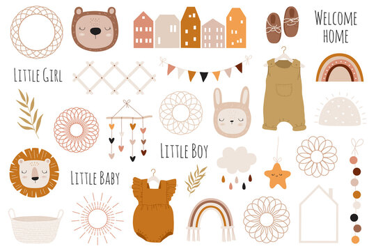 Vector hand drawn baby shower collection with houses, clothes, animals, decor elements for nursery, rainbow. Doodle illustration. Perfect for children's party, clothing prints, greeting cards