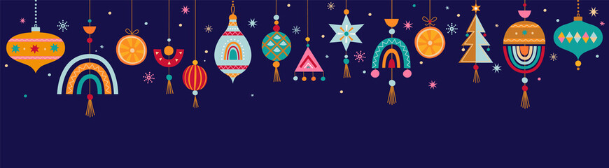 Set Christmas balls in Scandinavian style.Hand drawn christmas baubles.Xmas isolated cozy decor elements interiors on blue background.Template for invitation,greetings,design,print,web.Vector