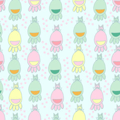 baby painted cats and footprints vector seamless pattern. Background in pastel colors for the nursery, baby products and fabrics