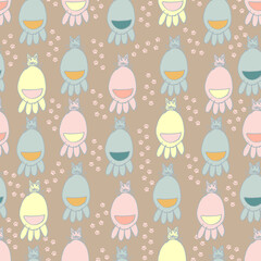 baby painted cats and footprints vector seamless pattern. Background in pastel colors for the nursery, baby products and fabrics
