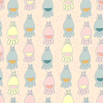 baby painted cats and footprints vector seamless pattern. Background in pastel colors for the nursery, baby products and fabrics