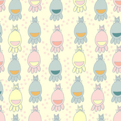 baby painted cats and footprints vector seamless pattern. Background in pastel colors for the nursery, baby products and fabrics