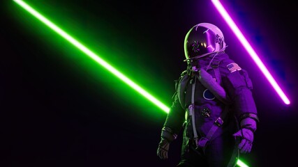 Retrowave astronaut among neon laser beams. Futuristic background 3d render