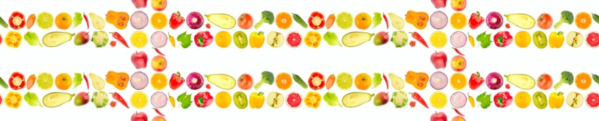 Large size seamless pattern. Multicolored healthy vegetables and fruits isolated on white