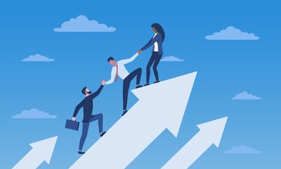 Fototapeta premium Team growth concept. Boss helps subordinates grow. Employees get better together, development of company. Friendly department, workflow. Teamwork, progress, up. Cartoon flat vector illustration