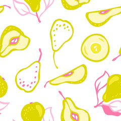 Pear background. Hand drawn vector pattern of decorative pears. Pattern with fruits. For fabric, textile, and wallpaper design.