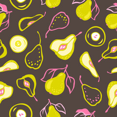 Pear background. Hand drawn vector pattern of decorative pears. Pattern with fruits. For fabric, textile, and wallpaper design.