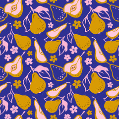 Pear background. Hand drawn vector pattern of decorative pears. Pattern with fruits. For fabric, textile, and wallpaper design.