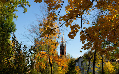 Domes of the Church of the Sacred Heart of Jesus in Rybinsk on a bright autumn day