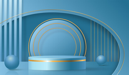 Round podium stage with nice and creative symbols  blue and gold paper cut style on color background for cosmetics brand design and advertising  